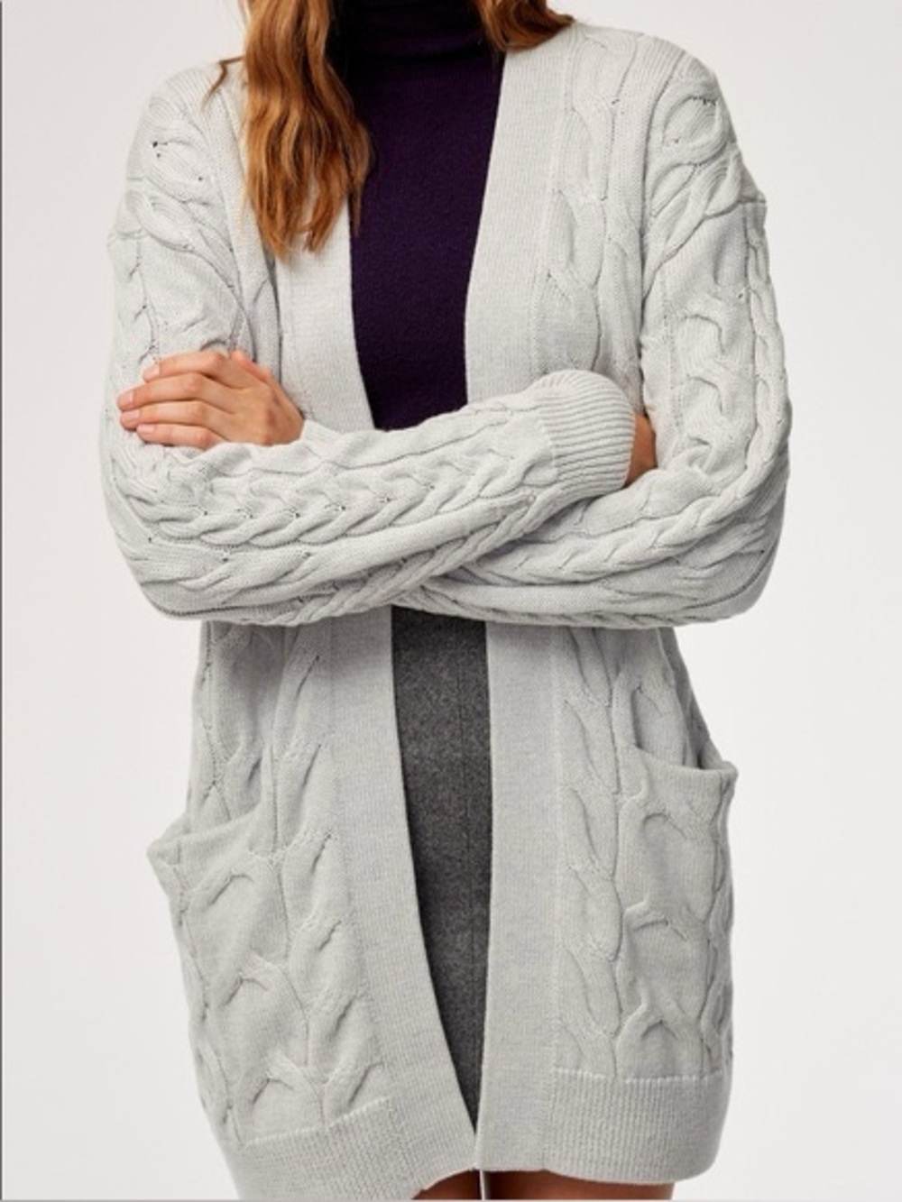 Aritzia Wilfred Light Grey Cable Knit Merino Wool Charliza Cardigan Women XS - Picture 2 of 16